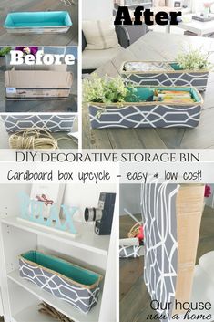 diy decorative storage bin with cardboard box upcycle - easy and low cost to make