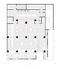 the floor plan for a restaurant with tables and chairs, as well as a kitchen