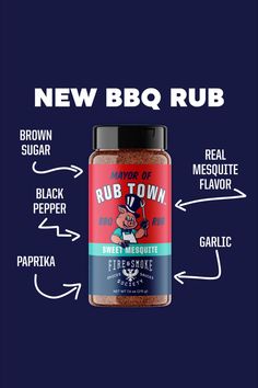 a jar of bbq rub on a blue background with the words new bbq rub above it