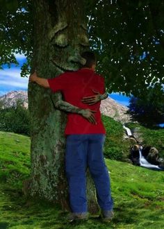 a painting of a man hugging a tree