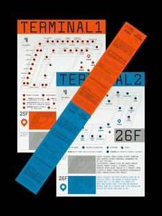 an orange, blue and black poster with the words terminal 1 on it's side