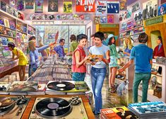 a group of people in a record shop