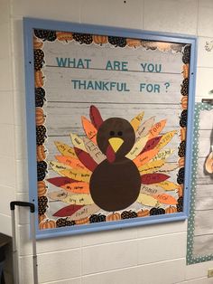 a bulletin board that says what are you thanksgiving for? with a turkey on it