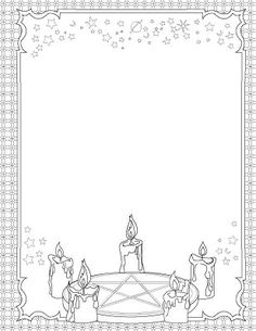 a black and white drawing of candles on a table with an ornate border around it