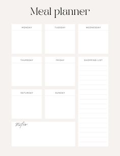 a meal planner with the words meal planner written in black and white, on top of it