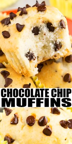 chocolate chip muffins cut in half and stacked on top of each other with text overlay