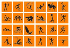 an orange and black poster with various silhouettes of people in different sports positions on it