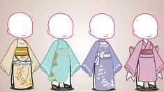 three different colored kimonos are lined up in a row