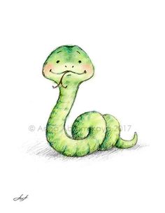 a drawing of a green snake with its mouth open