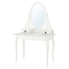 a white dressing table with a mirror and drawers on it's sides, in front of a white background