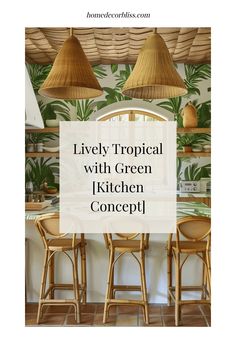 Tropical-themed kitchen with green leaf wallpaper, rattan chairs, and woven pendant lights.