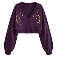 Purple Casual Button, Rib-Knit Galaxy V Neck Long Sleeve Regular Drop Shoulder Regular Fit Slight Stretch Hand Wash Or Professional Dry Clean No Purple Space Outfit, Purple Star Clothes, Cute Print Sweater, Purple Clothes Women, Purple And Blue Clothes, Moon Aesthetic Clothing, Purple Gold Outfit, Purple Inspired Outfits, Cosmic Goth Outfits