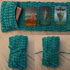 a crocheted book bag with four tarot cards tied to the front and sides