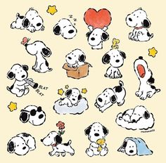 a bunch of snoopy dogs with different expressions on the same sticker sheet as well as hearts and stars