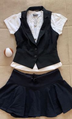 2000s Grunge inspired outfit by the vampire baseball seen in Twilight (Alice Cullen & Bella Swan) Seen in picture: dainty white milkmaid blouse, black vest / waistcoat, black guess mini skirt #y2k #y2kfashion #2000s #2000sfashion #dainty #twilight #depop #BellaSwan #Thevampirediaries #elenagilbertcore Vest Blouse Outfit, Pinstripe Skirt Outfit Y2k, Black Vest With Skirt, Twilight Inspired Outfits Alice Cullen, 2000s Vest Outfits, Black And White Y2k Outfits, Alice Cullen Inspired Outfits, Grunge Vest Outfit, Alice Twilight Outfits