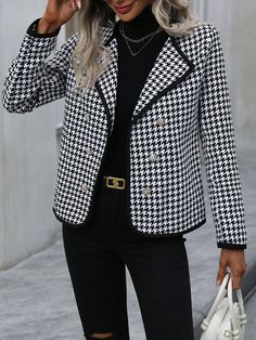 Black Elegant Collar Long Sleeve Tweed Houndstooth Regular Embellished Slight Stretch  Women Clothing Double Breasted Overcoat, Classy Fall Outfits, Women Overcoat, Hair Clothes, Seasonal Fashion, Work Attire, Outerwear Women, Fall Winter Outfits, Fashion Online Shop