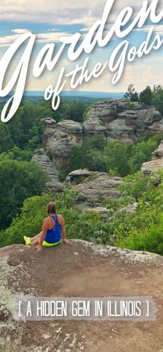 a woman sitting on top of a rock with the words garden of the gods above her