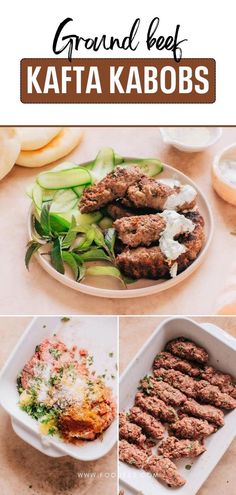 the steps to making ground beef kafta kabobs are shown in this collage