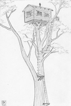 a drawing of a tree house on top of a tree