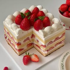 there is a piece of cake with strawberries on the top and one slice missing