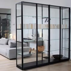 a living room filled with furniture and a glass case on top of a hard wood floor