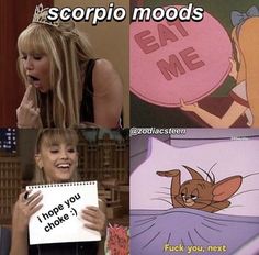 two pictures with the same caption in different languages, one has a sign that says scorpio moods