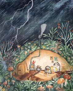 an illustration of a mushroom house in the middle of a forest with lightning above it