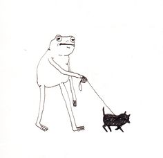 a drawing of a frog pulling a dog on a leash