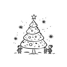 a black and white drawing of a christmas tree with two children standing next to it