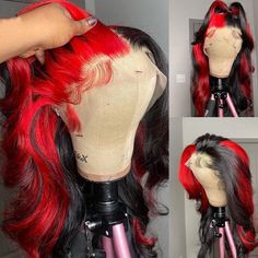 Product Name SULMY Red And Black Split Human Hair Wig With Red Streaks Lace Front Wigs Hair Color Black and Red Cap Size Average Size (22.5inch circumference), Universal Cap Adjustable Size for most People Lace Size 4x4 or 13x4 inch lace or T Part Lace Color transparent swiss lace matched your skin perfectly Number of Combs 4 combs inside with adjustable straps Feature Pre-plucked, natural hairline,glueless Hair Quality 100% remy human hair Can be dyed Yes Delivery Time Normal by Fedex or DHL, 3 Lux Hair, Red Streaks, Brazilian Hair Wigs, Long Human Hair Wigs, Ombre Highlights, Human Hair Color, Pretty Hair Color, Colored Wigs