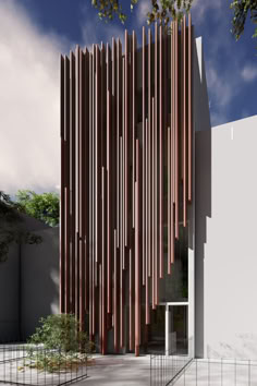 an architectural rendering of a building made out of wooden slats