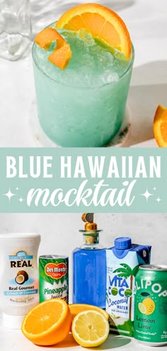 a blue hawaiian mocktail with the glass and ingredient photo Mocktail Luau, Drinks To Have At A Party, Under The Sea Mocktails, Non Alcoholic Beach Drinks, Easy Mocktails For Party, Blue And Yellow Mocktails, Drinks For Showers, Beach Mocktail Recipe