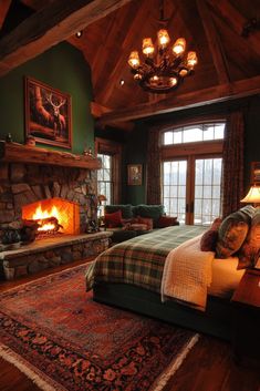 a bedroom with a fireplace and bed in the middle, surrounded by wooden beams on both sides