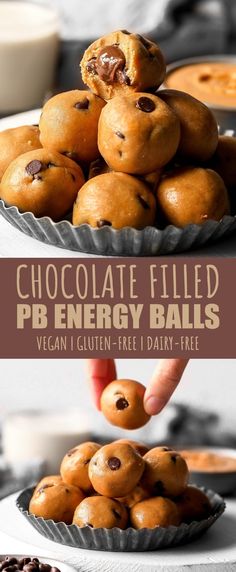 chocolate filled pb energy balls are stacked on top of each other and ready to be eaten