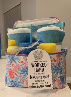 a basket filled with personal care items on top of a counter