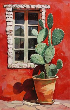 a painting of a cactus in a pot next to a window with a red wall