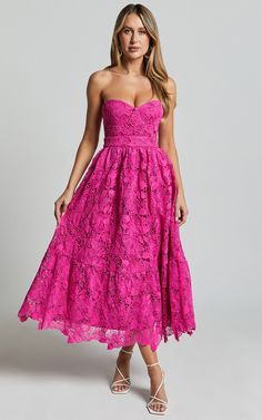 Gabriela Midi Dress - Strapless Lace Dress in Magenta | Showpo USA Cheap Strapless Midi Dress, Cheap Strapless Midi Dress For Evening, Cheap Pink Strapless Dress For Women, Cheap Chic Strapless Midi Dress, Cheap Summer Strapless Party Dress, Luxury Chic Strapless Dress For Garden Party, Cheap Glamorous Strapless Summer Dress, Cheap Stretch Strapless Midi Dress, Luxury Flirty Strapless Dress For Summer