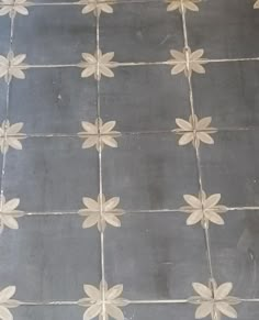 the floor is made up of cement with white flowers on it's sides and one flower in the middle