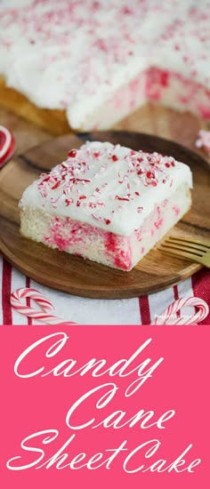 a piece of candy cake on a plate with the words candy cake sheet cake above it