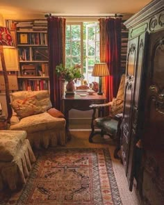 a living room filled with furniture next to a window covered in bookshelves and curtains