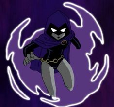 the animated character is wearing a black outfit and purple cape, while standing in front of a circular background