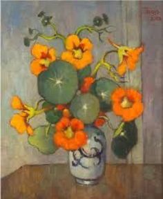 a painting of orange flowers in a blue and white vase on a wooden table next to a wall