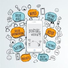 an iphone surrounded by social media doodles on a white background with the words social media