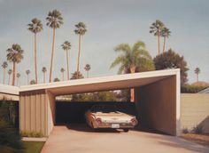 a painting of a car parked in a garage with palm trees and blue sky behind it