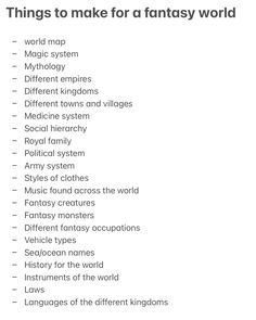 a list of things to make for a fantasy world