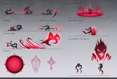 the concept art for an upcoming video game is shown in red and black, with different shapes