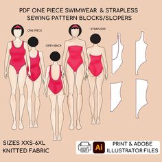 One Piece Swimsuit/Swimwear PRINT & EDIT Sewing Pattern Block/Sloper | Strapless Swimwear THIS LISTING IS BOTH FOR PRINTING & IMPORTING FILES IN ADOBE ILLUSTRATOR. IF YOU WANT ONLY TO PRINT THE FILES CHECK THIS: https://www.etsy.com/listing/1203975756/one-piece-swimsuitswimwear-strapless Sewing Digital Patterns Block/Sloper for Women | Knitted Fabric Sizes: XXS- 6XL /UK 6-26/ EU 34-54 / US 2-22/ AU 6-26/ CANADA 2-22 (Regular & Plus) Are you a self-taught sewer or a professional fashion designer? Swimwear Sewing Patterns, Strapless Swimwear, Swimsuit Pattern Sewing, Swimsuit Pattern, Toile Fabric, Digital Patterns, Student Fashion, Professional Fashion, One Piece Swimwear