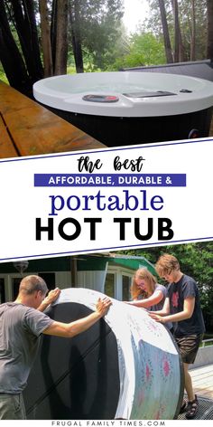 hot tub with two people working on it and the words portable hot tub above it