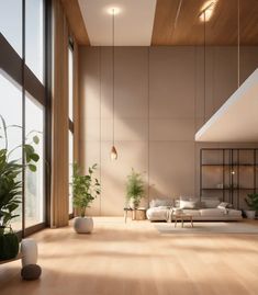 a living room filled with lots of furniture and plants on top of wooden flooring