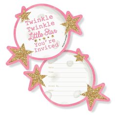 two pink and gold stars shaped party plates with the words twinkle little star you're in